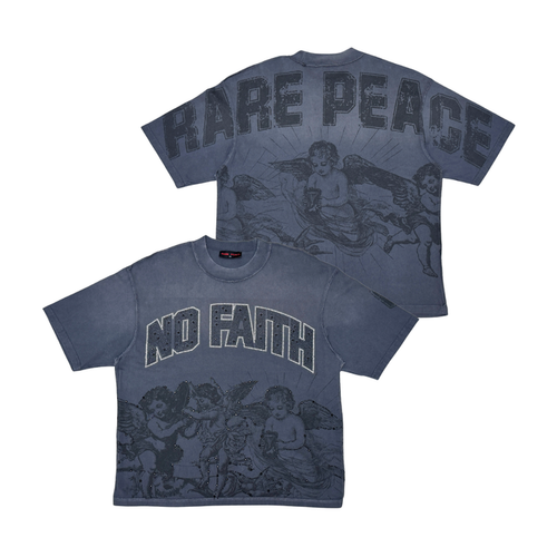 Rare Peace "No Faith Baby Angels" Rhinestone Dark Grey Tee