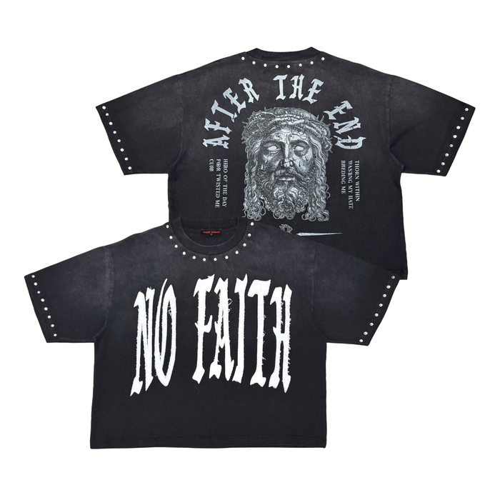 Rare Peace "No Faith" Rhinestone Black Boxy Tee