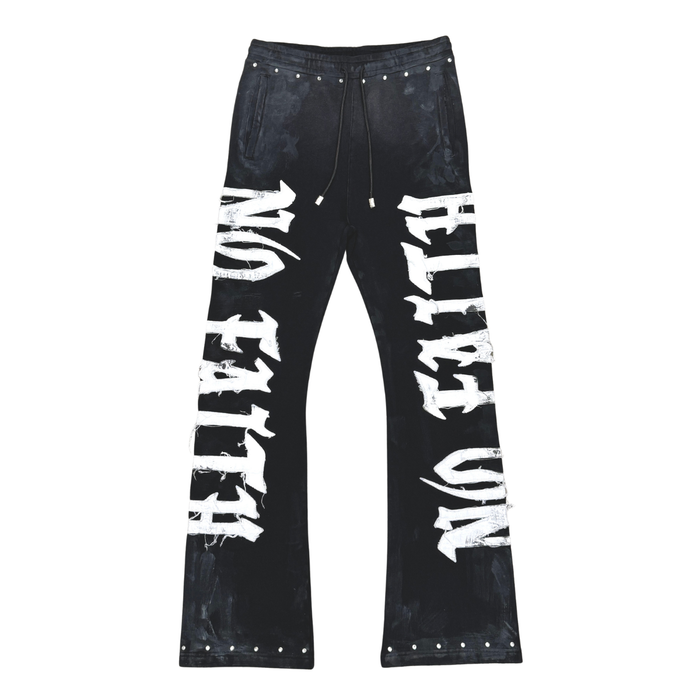 Rare Peace "No Faith" Rhinestone Black Washed Stacked Jogger