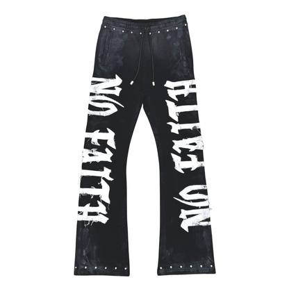 Rare Peace "No Faith" Rhinestone Black Washed Stacked Jogger