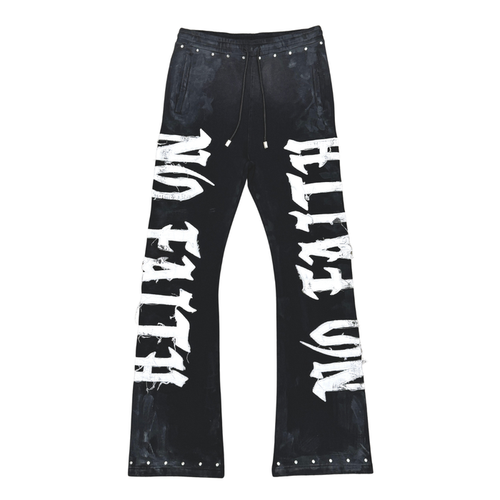 Rare Peace "No Faith" Rhinestone Black Washed Stacked Jogger