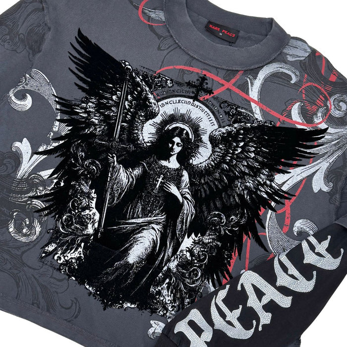 Close-up of the Rare Peace RP End of Pax Americana Twofer Longsleeve with detailed design on dark grey material