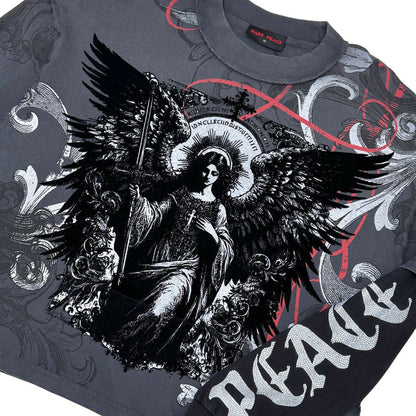 Close-up of the Rare Peace RP End of Pax Americana Twofer Longsleeve with detailed design on dark grey material