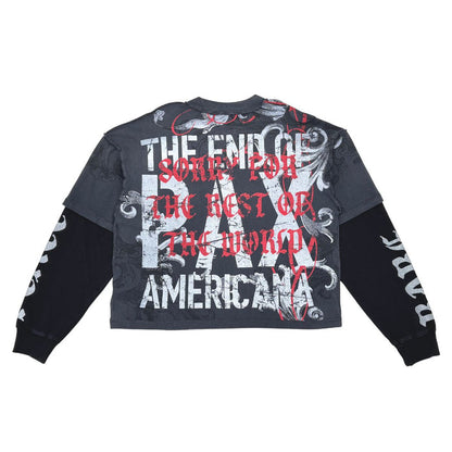 RK5046 DK Grey long-sleeve featuring the Rare Peace RP End of Pax Americana Twofer artwork for casual wear