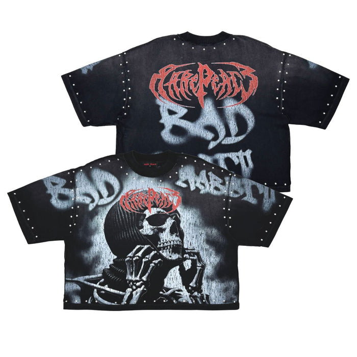 Black cotton tee featuring a rhinestone RP Skull design for a bold, edgy look