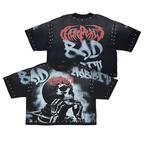 Black cotton tee featuring a rhinestone RP Skull design for a bold, edgy look