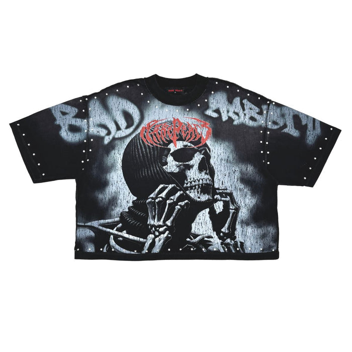 Heavy black cotton T-shirt with intricate rhinestone skull graphic from the Rare Peace collection