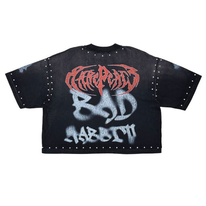 Front view of the Rare Peace RP Skull rhinestone black tee showcasing detailed skull artwork and high-quality fabric