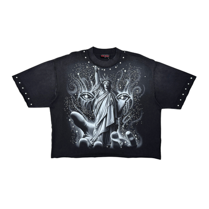 Rare Peace "Statue of Liberty - World is Yours" Rhinestone Black Tee