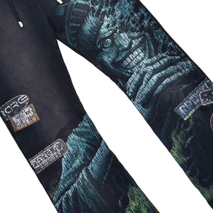 Rare Peace "Statue" Rhinestone Washed Black Stacked Jogger
