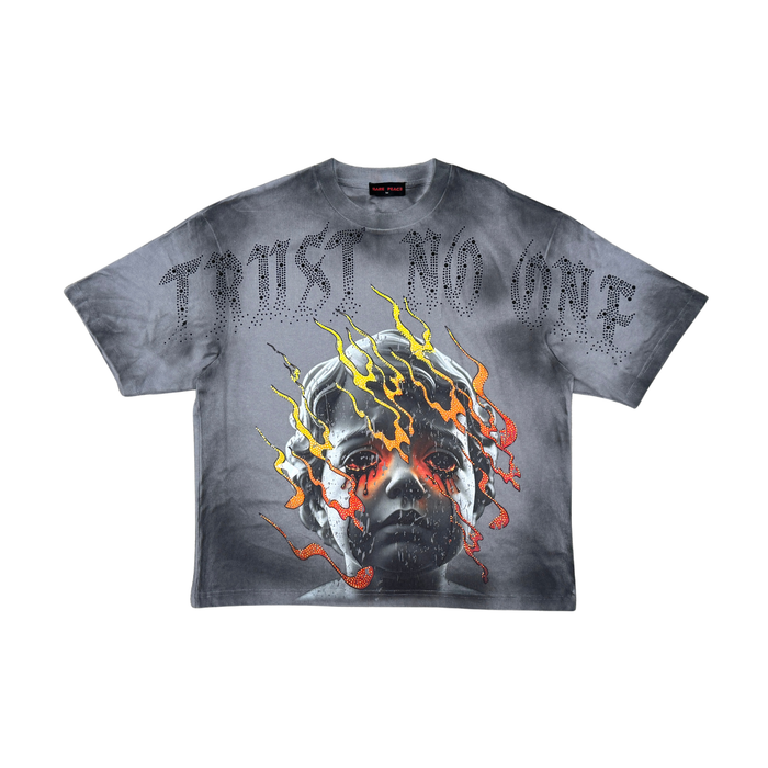 Rare Peace "Trust No One Flames" Rhinestone Grey Tee