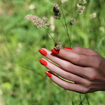 A hand adorned with Manucurist's Red Coral polish gently holds wildflowers, a ladybug perched on a bloom. The soft-focus green background suggests a serene outdoor scene.