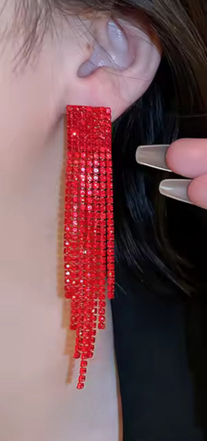 Red Long Fringe Tassel Drop Sparkling Statement Jewelry Chandelier Earrings for Women