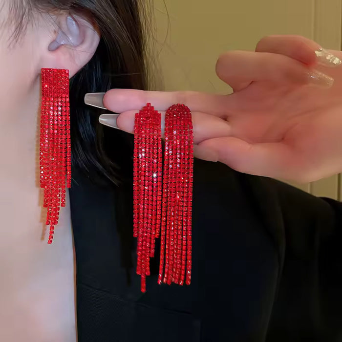 Red Long Fringe Tassel Drop Sparkling Statement Jewelry Chandelier Earrings for Women