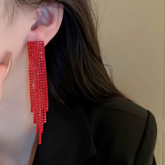 Red Long Fringe Tassel Drop Sparkling Statement Jewelry Chandelier Earrings for Women