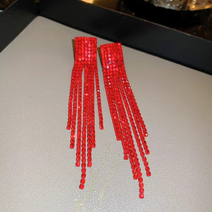 Red Long Fringe Tassel Drop Sparkling Statement Jewelry Chandelier Earrings for Women