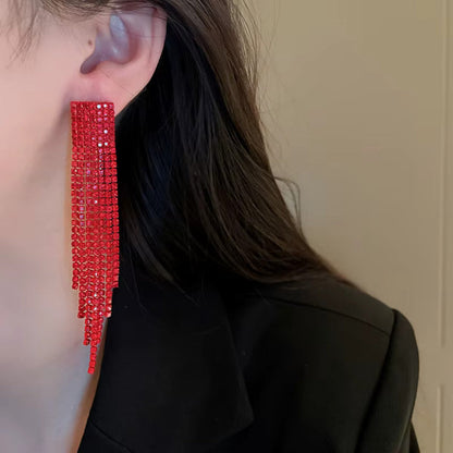 Red Long Fringe Tassel Drop Sparkling Statement Jewelry Chandelier Earrings for Women