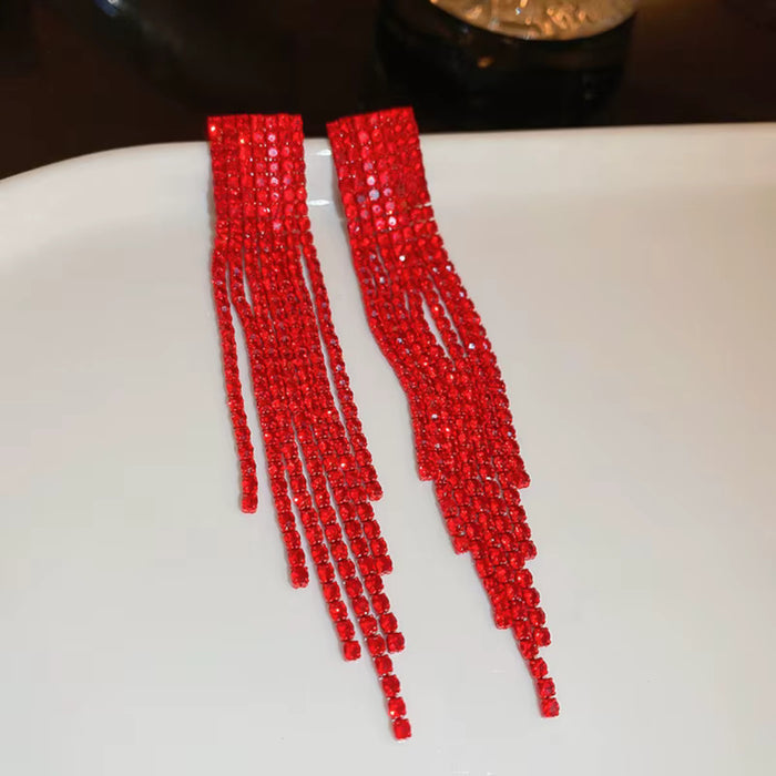Red Long Fringe Tassel Drop Sparkling Statement Jewelry Chandelier Earrings for Women