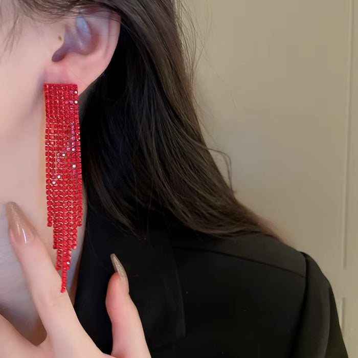 Red Long Fringe Tassel Drop Sparkling Statement Jewelry Chandelier Earrings for Women