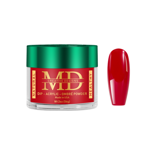 Jar of MD nail powder with a red nail tip color swatch on a white background