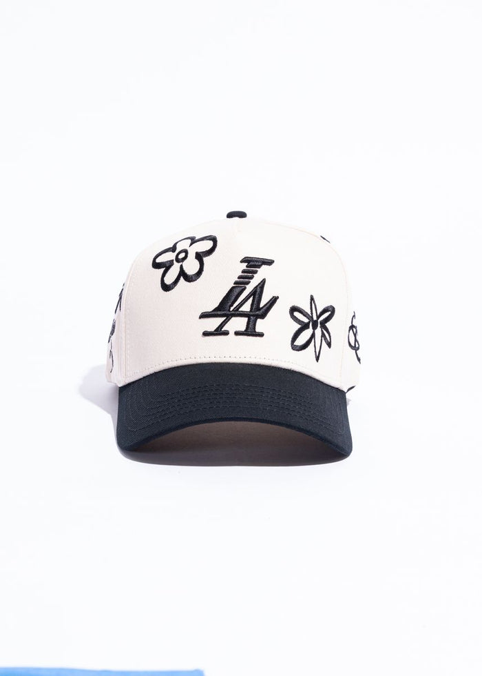 Reference "Paradise LA Drawn Flowers" Snapback Hat - Cream/Black (REF881)