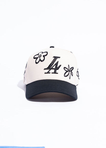 Reference "Paradise LA Drawn Flowers" Snapback Hat - Cream/Black (REF881)