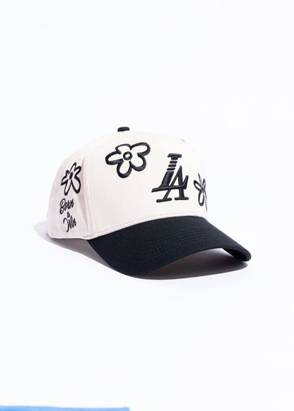 Reference "Paradise LA Drawn Flowers" Snapback Hat - Cream/Black (REF881)