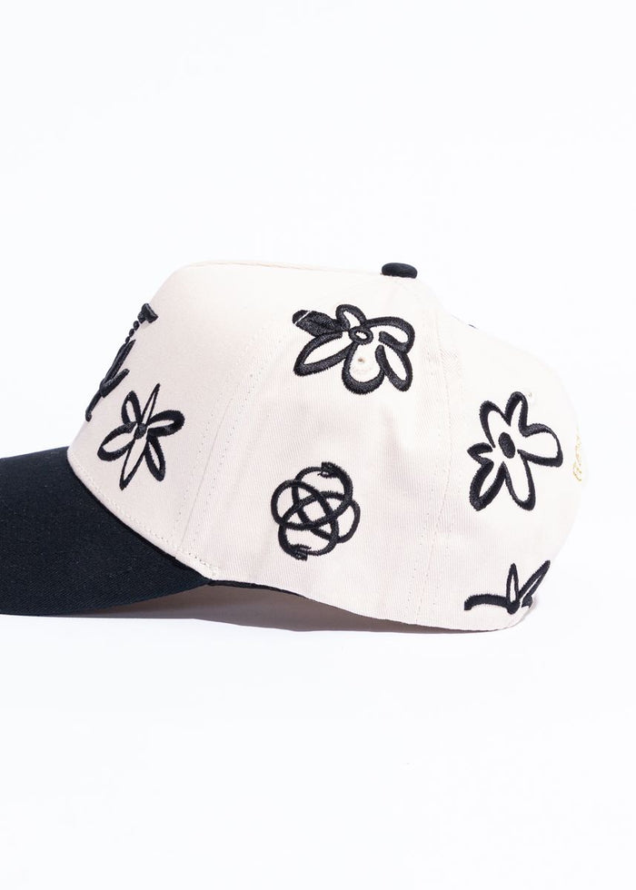 Reference "Paradise LA Drawn Flowers" Snapback Hat - Cream/Black (REF881)