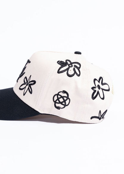 Reference "Paradise LA Drawn Flowers" Snapback Hat - Cream/Black (REF881)
