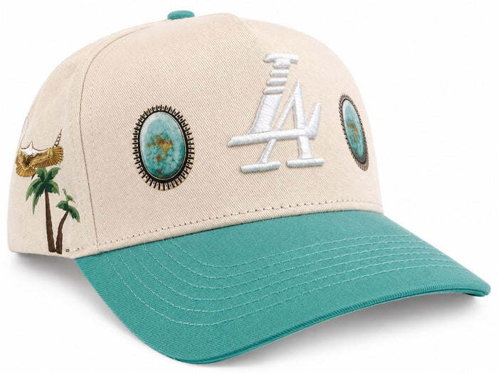 Reference "Paradise LA Gem Print" Snapback Hat - Cream/Teal (REF878)
