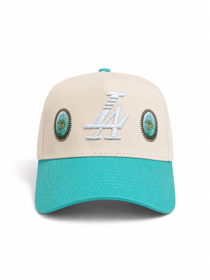 Reference "Paradise LA Gem Print" Snapback Hat - Cream/Teal (REF878)
