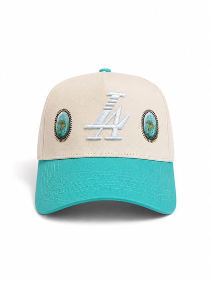 Reference "Paradise LA Gem Print" Snapback Hat - Cream/Teal (REF878)