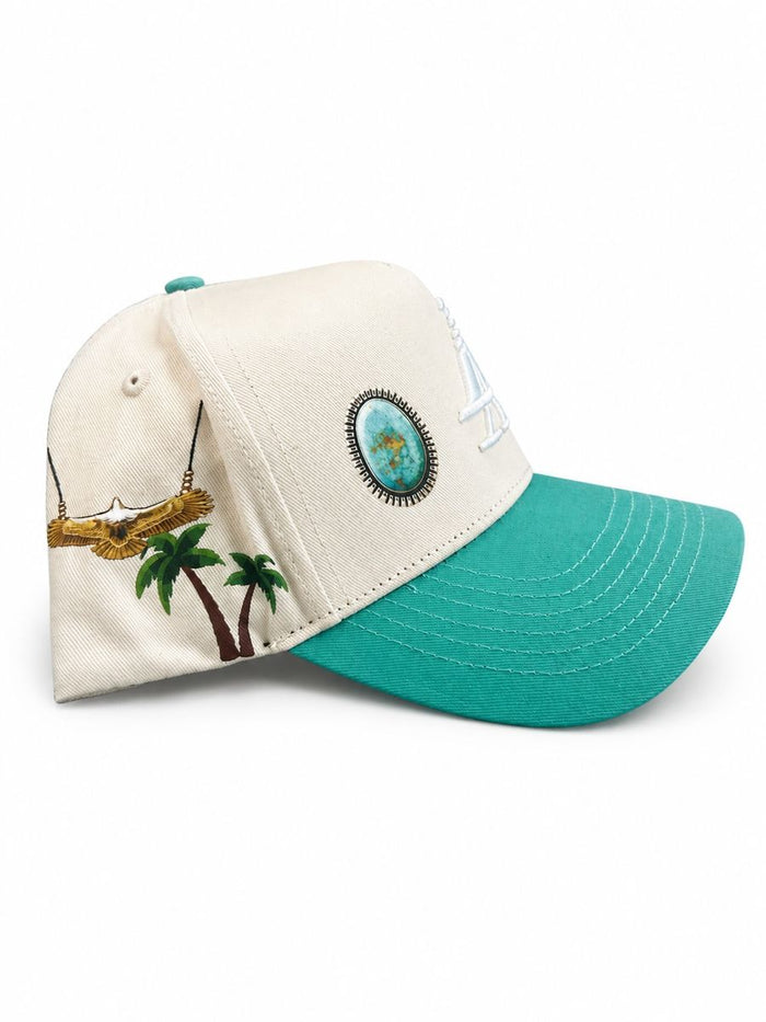 Reference "Paradise LA Gem Print" Snapback Hat - Cream/Teal (REF878)