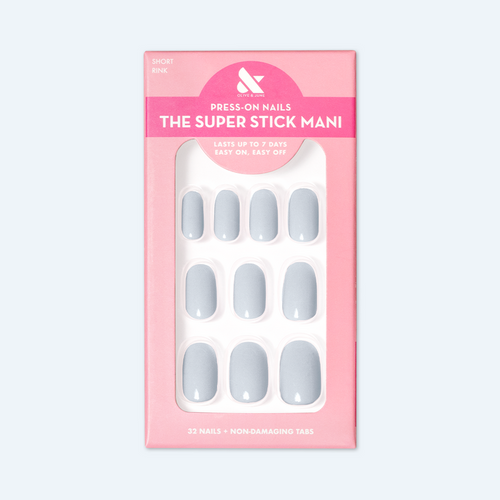 Rink | Short | Round - Tab Press-On icy blue false nails with smooth finish displayed in pink packaging box