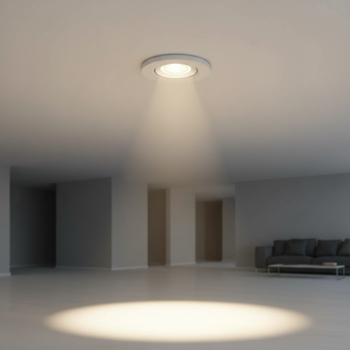 Round recessed COB LED spotlight installed in ceiling glowing