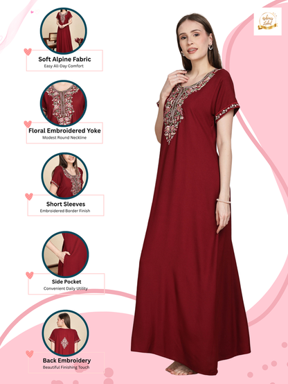 Ruby Red Alpine Designer Nighty with Embroidered Neck for Women