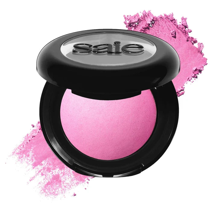 Saie Dew SuperSuede™ talc-free powder blush in a natural shade, displayed in sleek packaging on a beauty product image.