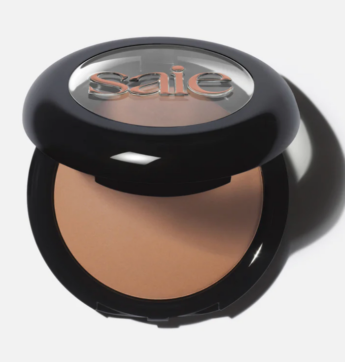 Saie SuperSuede™ Radiant Baked Bronzer in Amalfi, showcasing a compact with warm, luminous bronze shades for a natural glow.