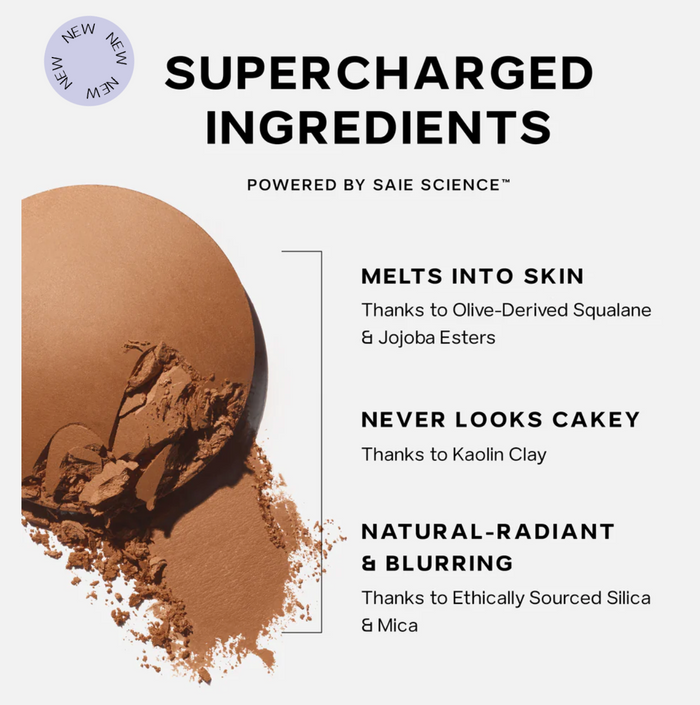 Saie SuperSuede™ Radiant Baked Bronzer in Amalfi, showcasing the smooth, shimmery baked powder in a natural makeup look.