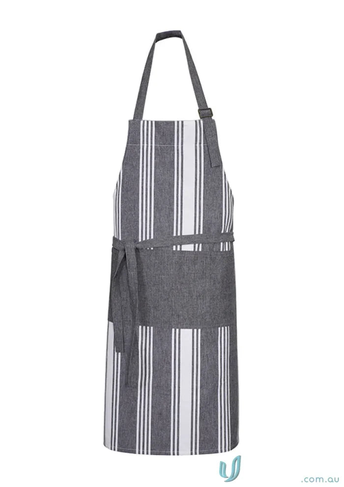 Gray and white striped salt bib apron with adjustable D-ring neck and pepper chambray stripes