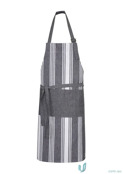Gray and white striped salt bib apron with adjustable D-ring neck and pepper chambray stripes