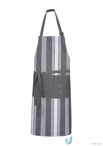 Gray and white striped salt bib apron with adjustable D-ring neck and pepper chambray stripes