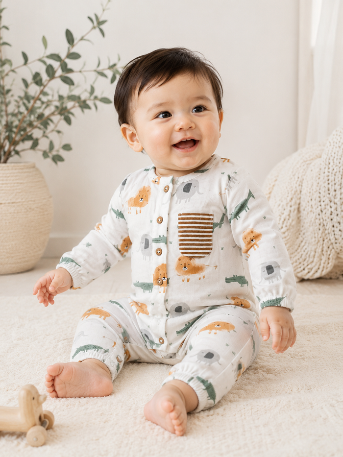 Baby Wearing Savannah Pocket and Button Baby Jumpsuit, Organic Muslin by Viverano