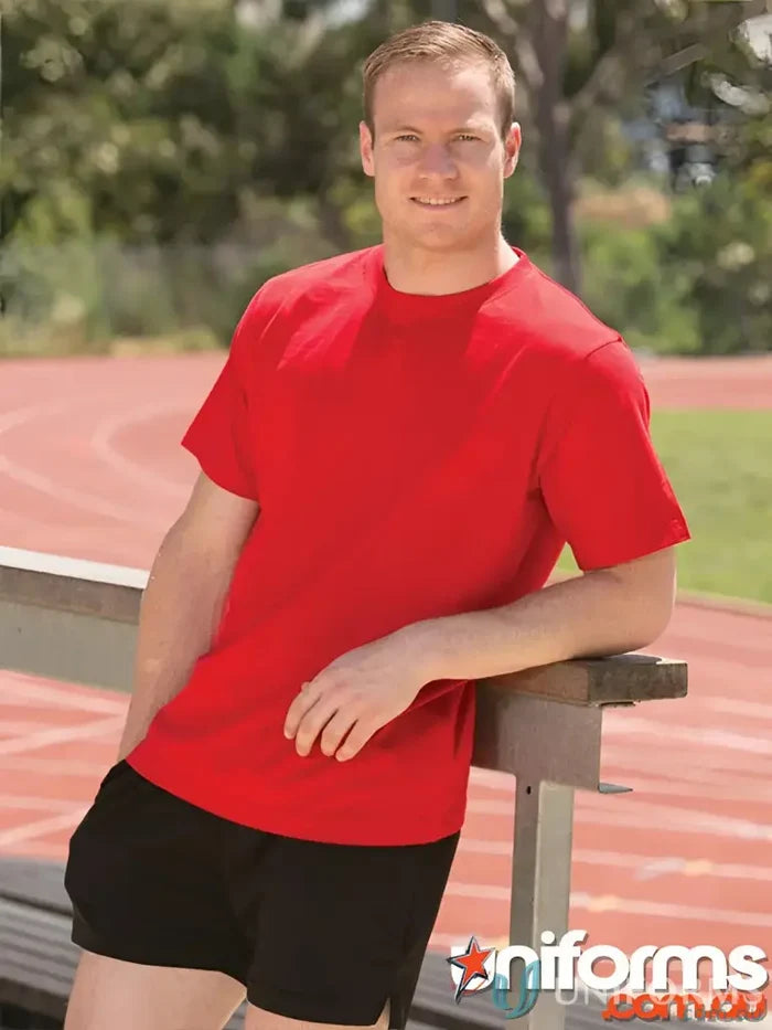 Red short-sleeved ts37 Savvy Tee with twin stitching, perfect for showing your winning spirit