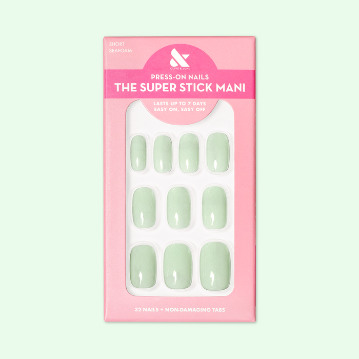Seafoam | Short | Squoval - Tab Press-On pastel green false nails in pink packaging for easy at-home mani