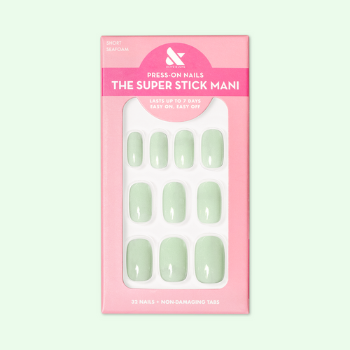 Seafoam | Short | Squoval - Tab Press-On pastel green false nails in pink packaging for easy at-home mani