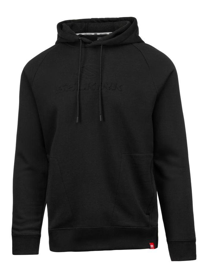 Black pullover hoodie with SELKIRK embossed logo, drawstring hood and kangaroo pocket