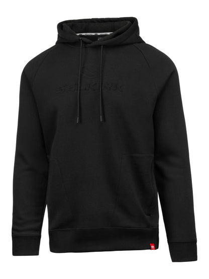 Black pullover hoodie with SELKIRK embossed logo, drawstring hood and kangaroo pocket