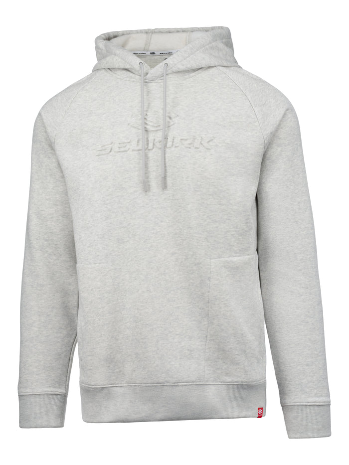 Front view of Selkirk Sport Unisex Essentials Embossed Knit Pickleball Hoodie in gray with embossed logo on white