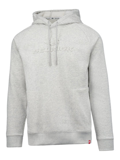 Front view of Selkirk Sport Unisex Essentials Embossed Knit Pickleball Hoodie in gray with embossed logo on white